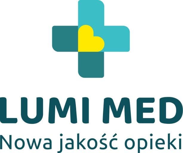 LUMI MED logo: teal medical cross, yellow heart, 'Nowa jakość opieki' text.